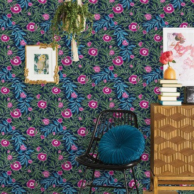 Marker Floral Peel & Stick Wallpaper Blue - Opalhouse™: Removable, Self-Adhesive, Bohemian, Botanical, Washable