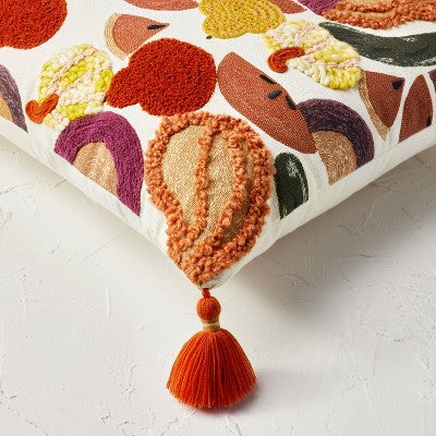  18"x18" Square Cotton Embroidered Harvest Accent Pillow White/Red/Mustard - Opalhouse™ Designed With Jungalow™