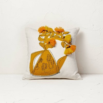  Floral Watering Pitcher Square Throw Pillow With Tassels - Opalhouse™ Designed With Jungalow™